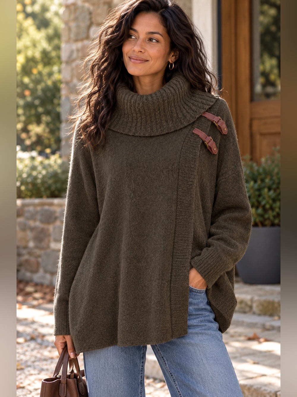 Ellen Tracy 100% Extra Fine Merino Wool Oversized Cowl Neck Sweater L Buckle